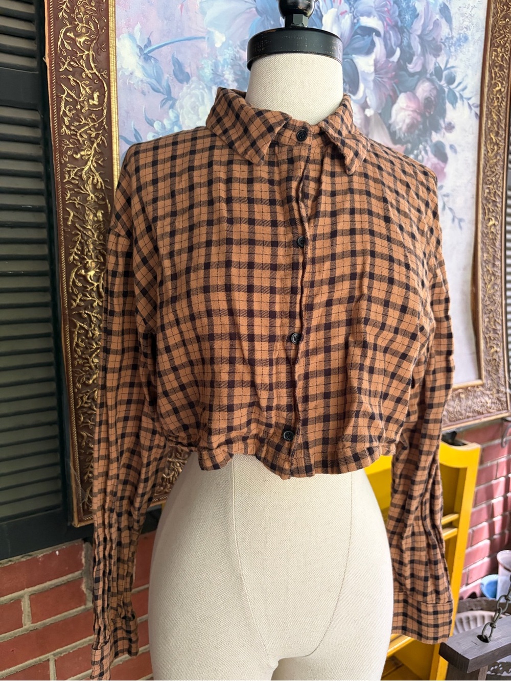 Divided Cropped Button-Down Plaid Shirt in Brown and Black